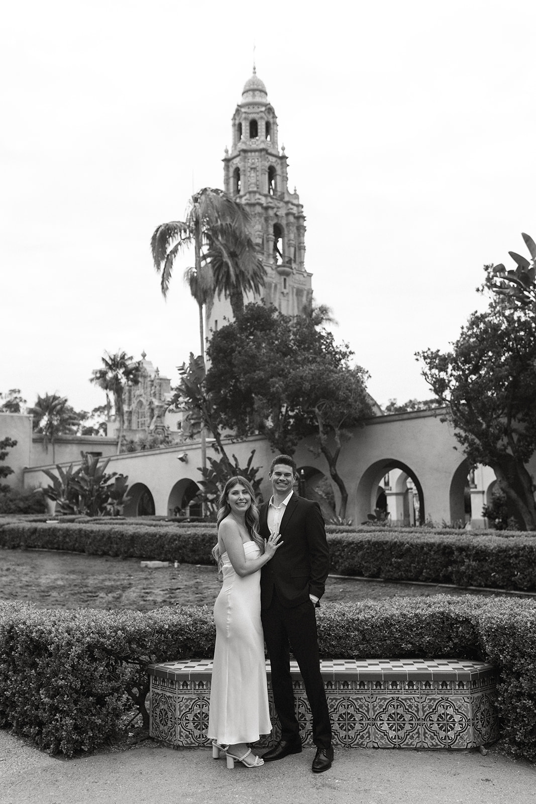 Balboa Park engagement photo with couple in front of historic California Tower
